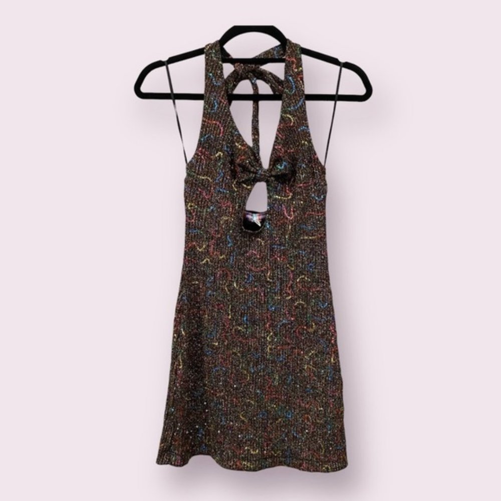 Urban Outfitters Sequin Glitter Gold Multicolor Halter Mini Dress Cut Out XS
